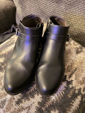 Women’s Black Leather Ankle Boots with Buckle Strap